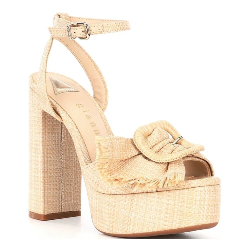 NEW Gianni Bini Tobias Raffia Mismatched Buckle Platform Heeled Sandals